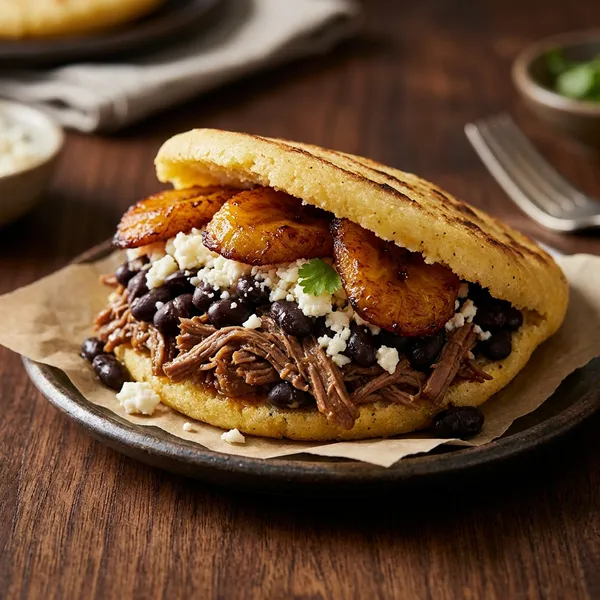 Arepa pabellón: Carne, caraotas, queso y tajada