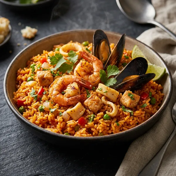 Arroz con mariscos: Camarón, calamar y mejillones