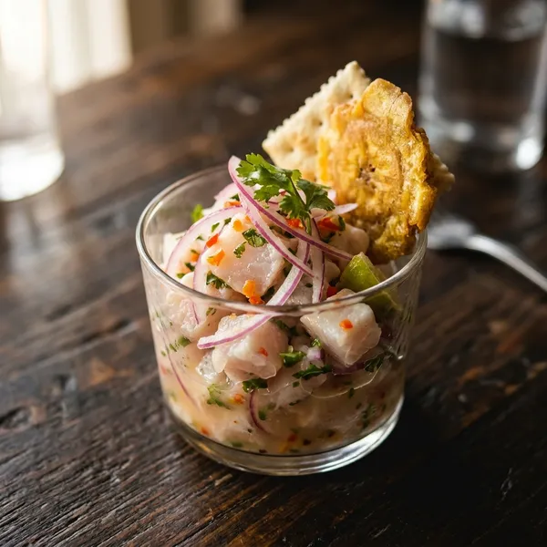 Ceviche de corvina: Limón, cebolla roja y culantro