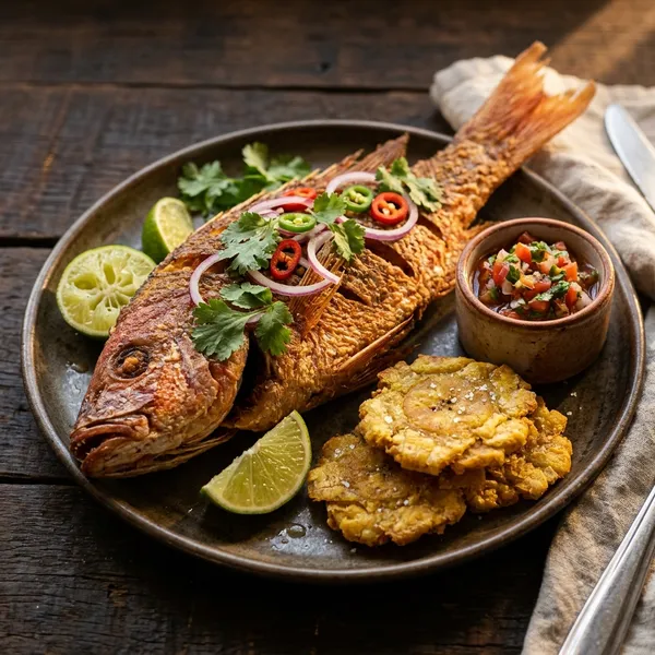 Pescado frito entero: Con patacones y ensalada