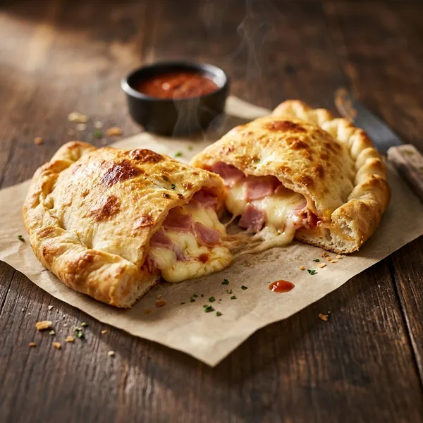 Calzone: Jamón, queso y salsa de la casa