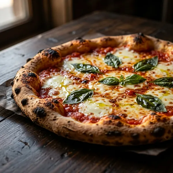 Pizza margarita: Tomate, mozzarella y albahaca