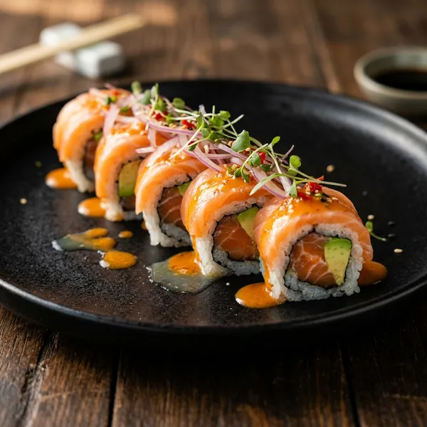 Roll acevichado: Salmón, aguacate y salsa acevichada